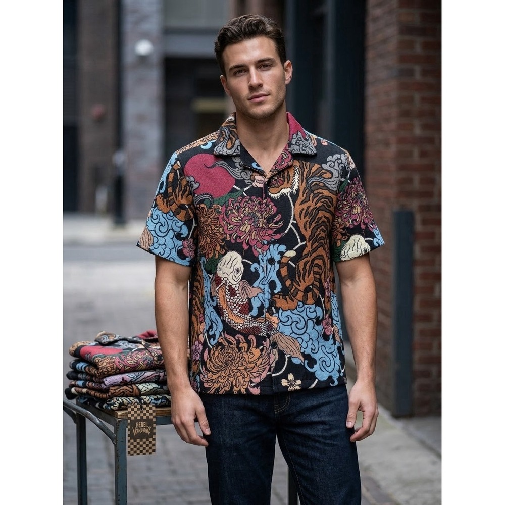 Rebel Vengeance Tapestry Shirt Mens Small Tiger Koi Fish Woven Jacquard Button D